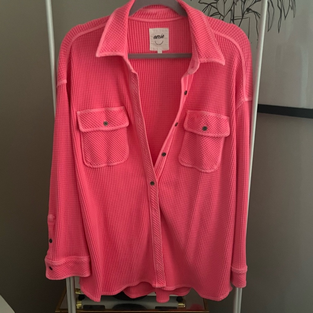 Aerie LumberJane waffle weave button down henley shirt coral pink women’s medium
